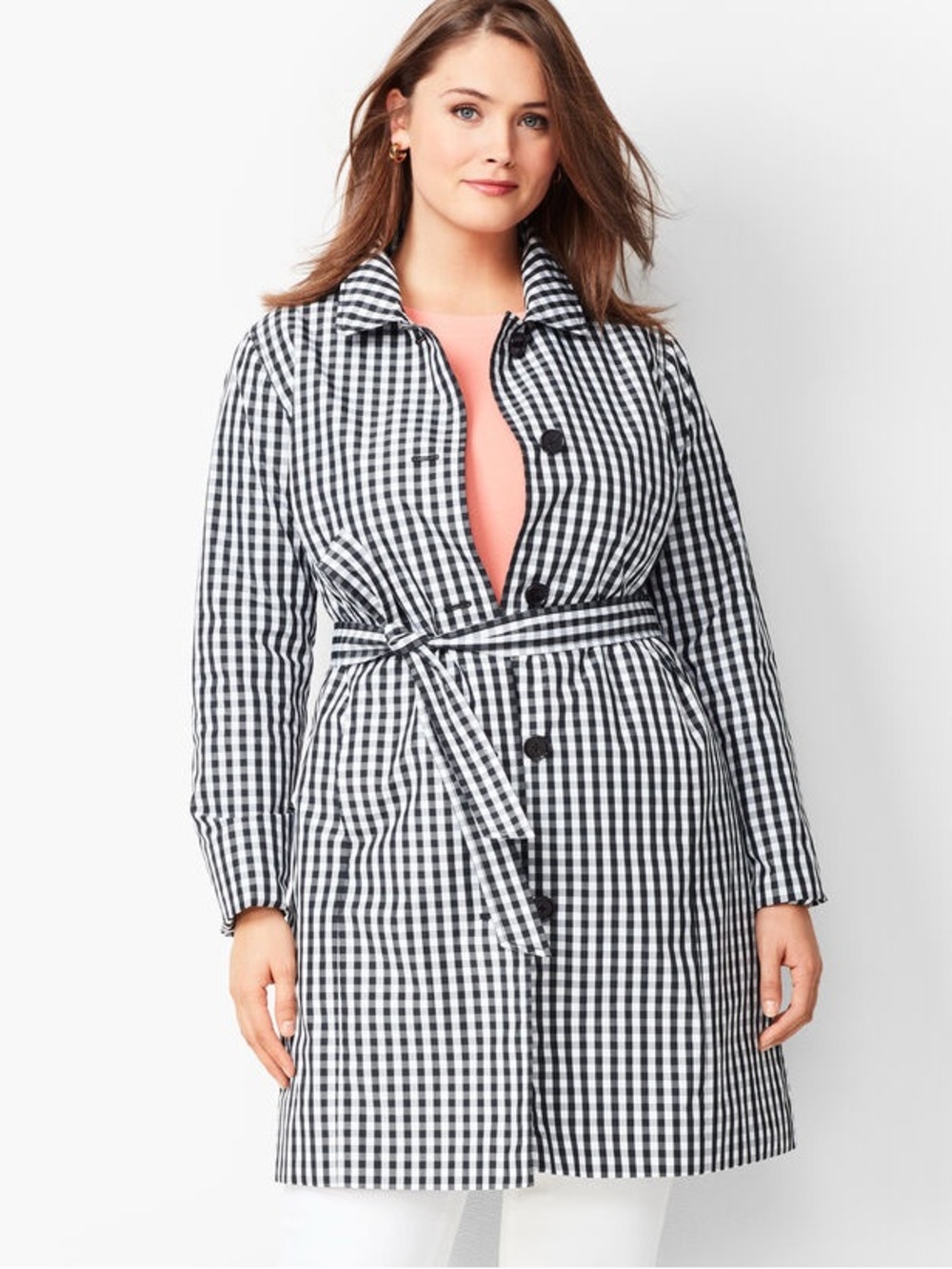 Talbots Black & White Gingham Belted Trench Coat Size 14W